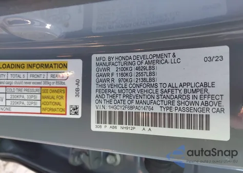 2023 Honda Accord Hybrid Ex-L z USA, uszkodzony, nr VIN 1HGCY2F68PA014764